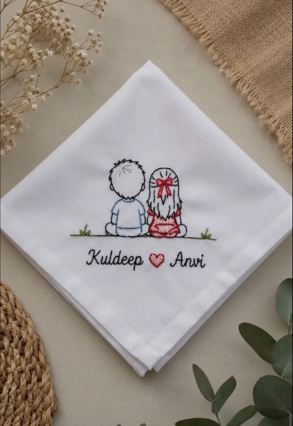 Couple Names With Heart Embroidered Handkerchief