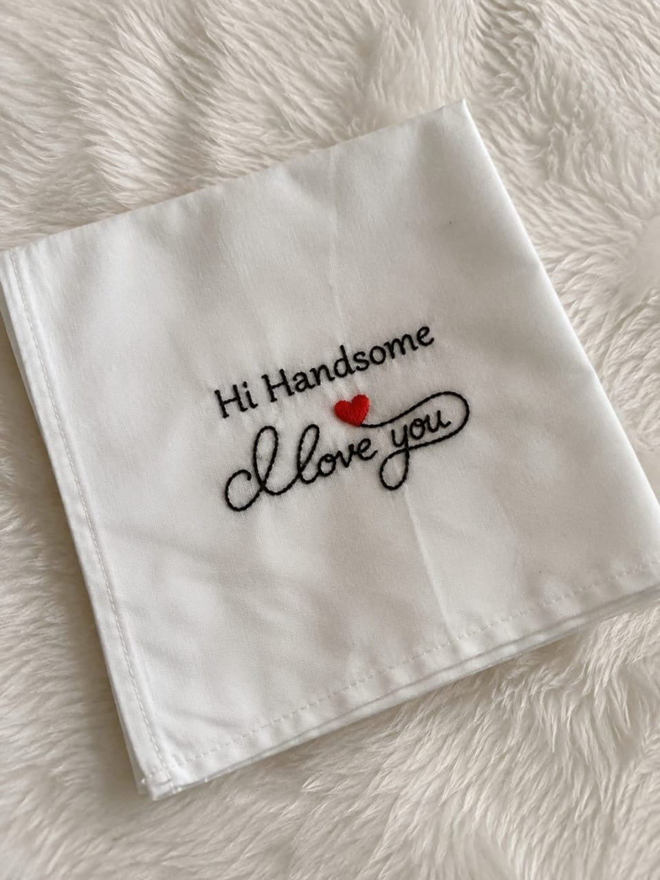 Hi Handsome Handkerchief - embroidered white cotton handkerchief with red heart